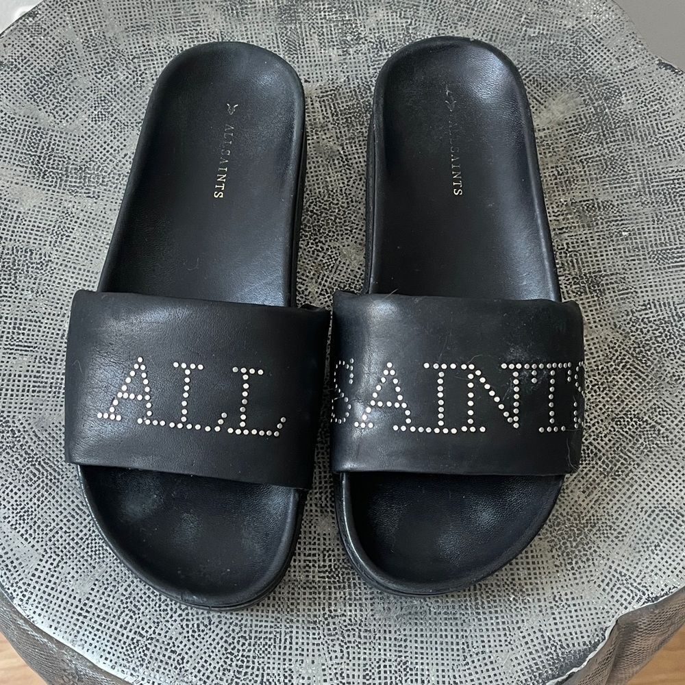 AllSaints Sophie leather sliders in black size 37 us 6.5